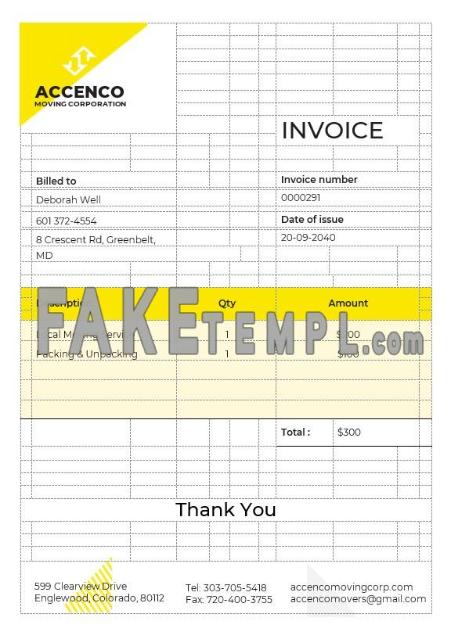 Movers & Moving Company fake Invoice Word and PDF template